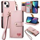 For iPhone 16 Pro Love Zipper Lanyard Leather Phone Case