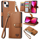 For iPhone 13 Love Zipper Lanyard Leather Phone Case