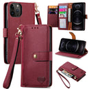 For iPhone 11 Pro Love Zipper Lanyard Leather Phone Case