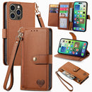 For iPhone 16 Pro Love Zipper Lanyard Leather Phone Case