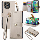 For iPhone 16 Pro Love Zipper Lanyard Leather Phone Case