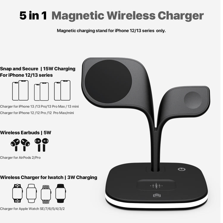 15W 5 in 1 Magnetic Wireless Charger with Stand Function