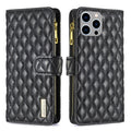 Diamond Lattice Zipper Wallet Leather Flip Phone Case, For iPhone 15 Pro Max, For iPhone 15 Pro, For iPhone 15 Plus, For iPhone 15