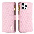 Diamond Lattice Zipper Wallet Leather Flip Phone Case, For iPhone 16 Pro Max, For iPhone 16 Pro, For iPhone 16 Plus, For iPhone 16