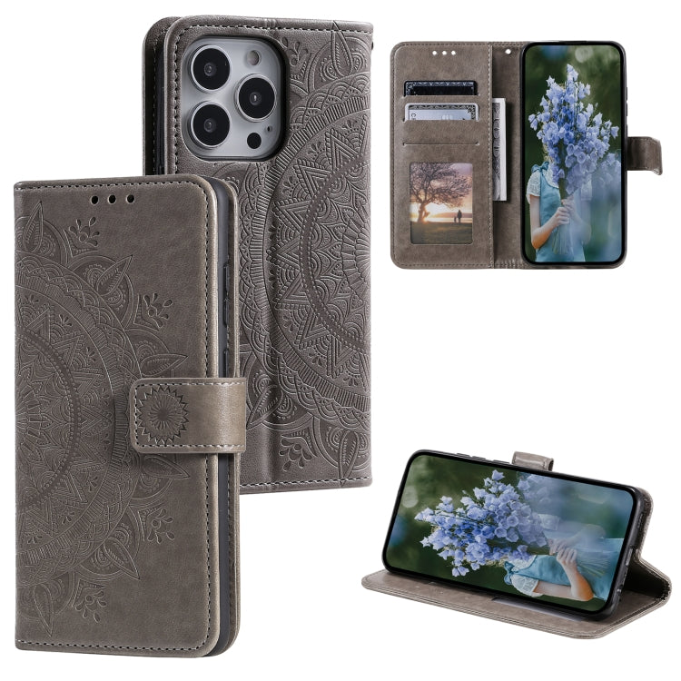 For iPhone 16 Pro Max Totem Flower Embossed Leather Phone Case