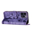 Butterfly Cat Embossing Flip Leather Phone Case, For iPhone 15 Pro Max, For iPhone 15 Pro, For iPhone 15 Plus, For iPhone 15