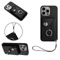 Organ Card Bag Ring Holder PU Phone Case with Lanyard, For iPhone 15 Pro Max, For iPhone 15 Pro, For iPhone 15 Plus, For iPhone 15