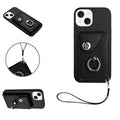 Organ Card Bag Ring Holder PU Phone Case with Lanyard, For iPhone 14 Plus, For iPhone 14, For iPhone 14 Pro, For iPhone 14 Pro Max