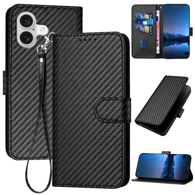Carbon Fibre Buckle Leather Phone Case with Lanyard  For iPhone 17 Pro