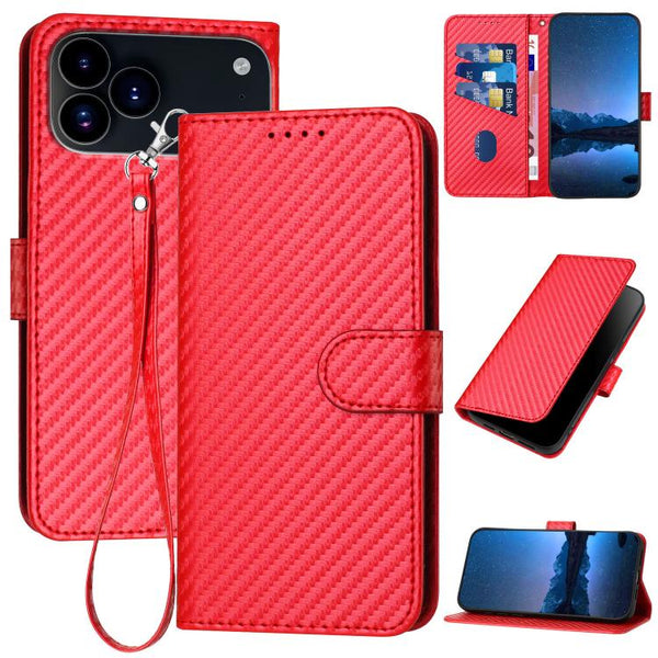 Carbon Fibre Buckle Leather Phone Case with Lanyard  For iPhone 17 Pro
