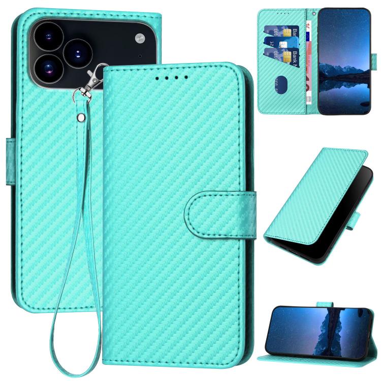 Carbon Fibre Buckle Leather Phone Case with Lanyard  For iPhone 17 Pro