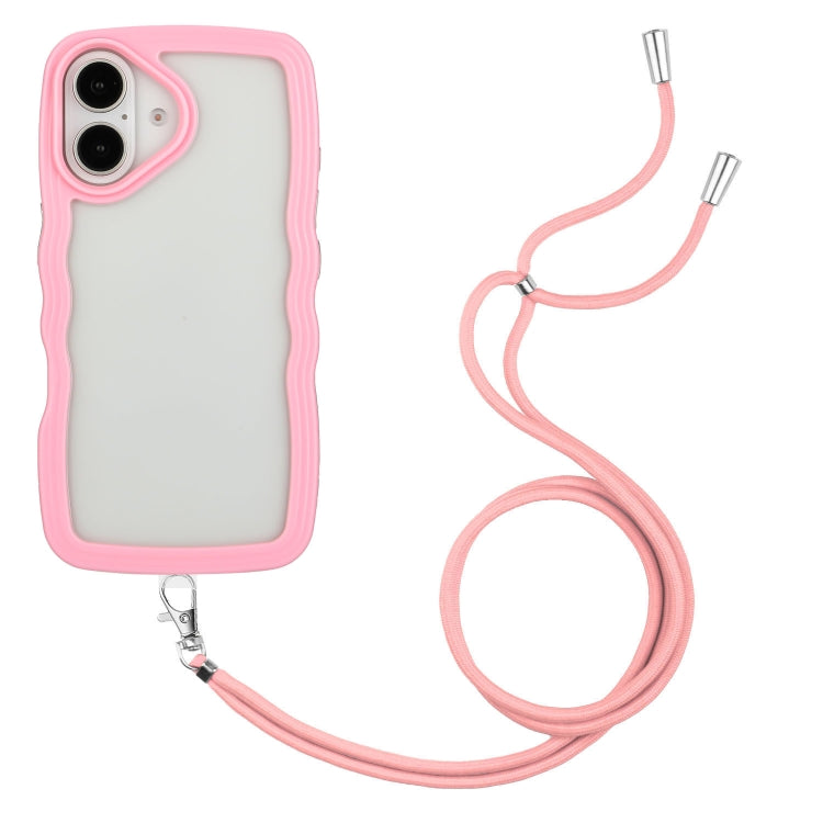 For iPhone 16 Pro Max Candy Colour Wave TPU Clear PC Phone Case with Lanyard