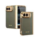 For iPhone Duo Electroplated PC Fold Shockproof Vegan Leather Phone Case