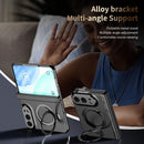 For iPhone Duo Integrated Metal Folding Holder Hinge Magnetic Leather Phone Case