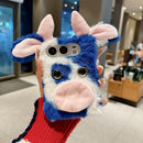 Foldable Plush Dairy Cow TPU Phone Case, For iPhone Duo