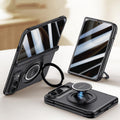 For iPhone Duo Integrated Privacy Film Magnetic Phone Case with Wrist Strap & Ring Holder