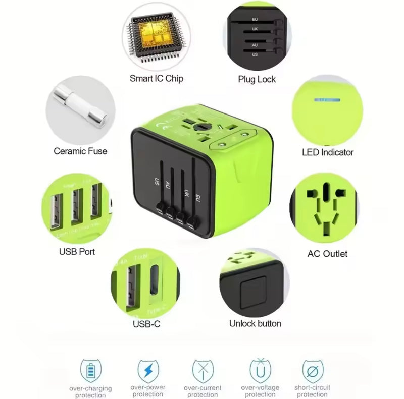 Fast 5A Universal International Travel Plug 3 USB Power Adapter Type C Worldwide