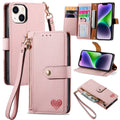 For iPhone 14 Love Zipper Lanyard Leather Phone Case