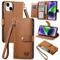 For iPhone 14 Love Zipper Lanyard Leather Phone Case