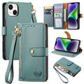 For iPhone 14 Love Zipper Lanyard Leather Phone Case