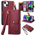 For iPhone 14 Love Zipper Lanyard Leather Phone Case