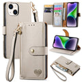 For iPhone 14 Love Zipper Lanyard Leather Phone Case