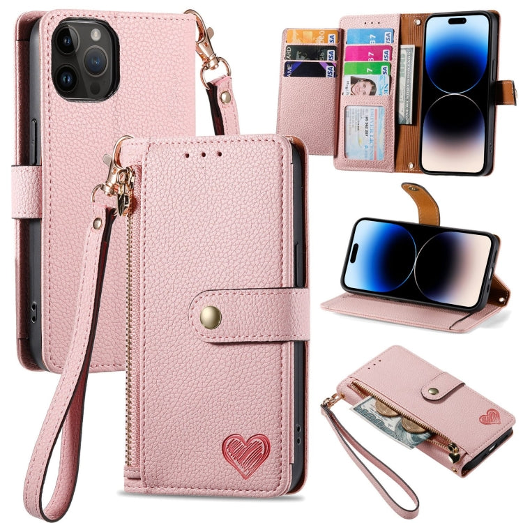 For iPhone 16 Love Zipper Lanyard Leather Phone Case