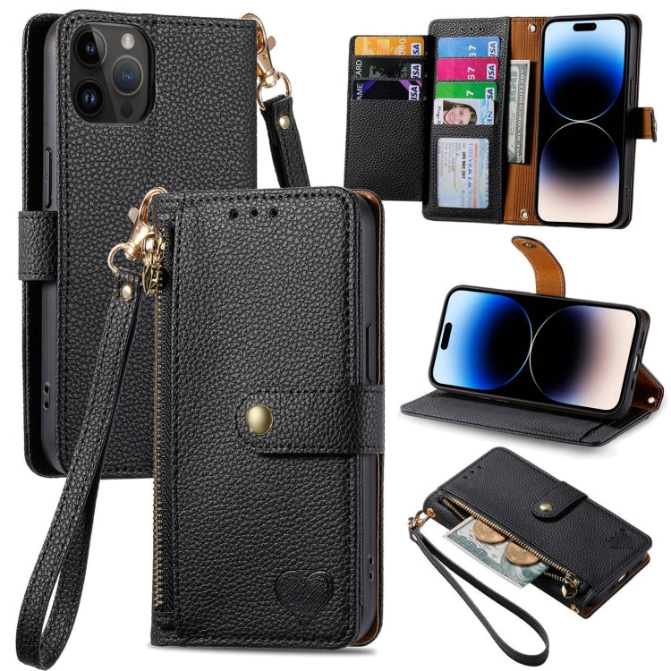 For iPhone 16 Love Zipper Lanyard Leather Phone Case