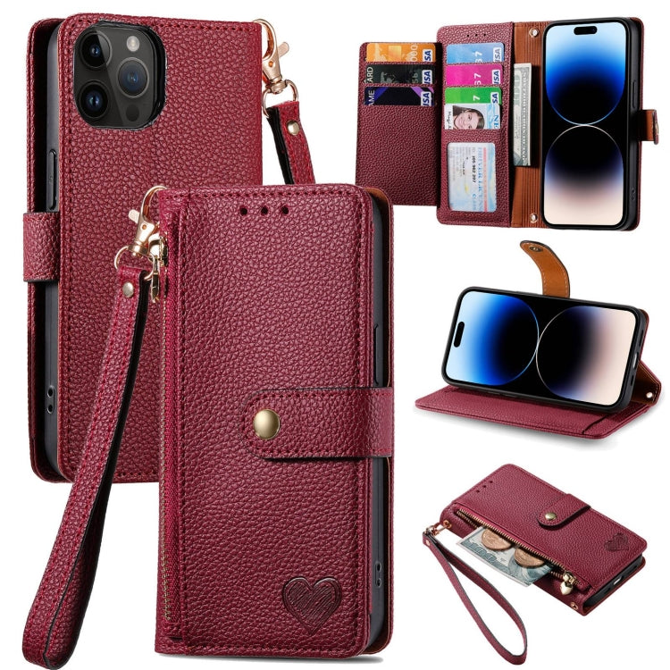 For iPhone 16 Love Zipper Lanyard Leather Phone Case