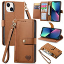 For iPhone 16 Pro Love Zipper Lanyard Leather Phone Case
