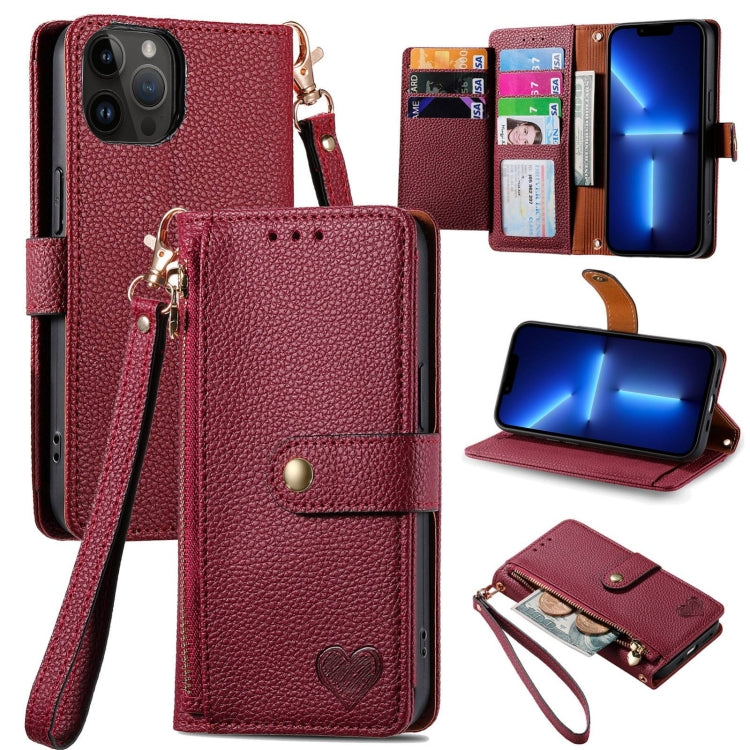 For iPhone 11 Love Zipper Lanyard Leather Phone Case