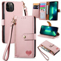 For iPhone 13 Pro Max Love Zipper Lanyard Leather Phone Case