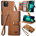 For iPhone 13 Pro Max Love Zipper Lanyard Leather Phone Case