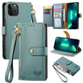 For iPhone 13 Pro Max Love Zipper Lanyard Leather Phone Case