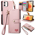 For iPhone 12 mini Love Zipper Lanyard Leather Phone Case