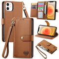 For iPhone 12 mini Love Zipper Lanyard Leather Phone Case