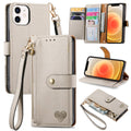 For iPhone 12 mini Love Zipper Lanyard Leather Phone Case