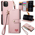 For iPhone 12 / 12 Pro Love Zipper Lanyard Leather Phone Case