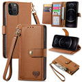 For iPhone 12 / 12 Pro Love Zipper Lanyard Leather Phone Case