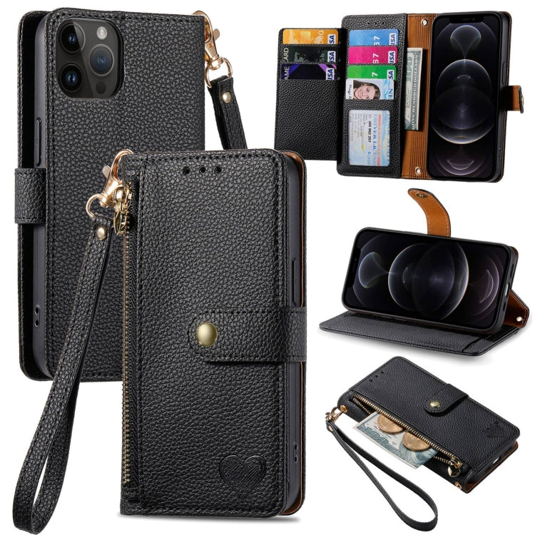 For iPhone 16 Love Zipper Lanyard Leather Phone Case