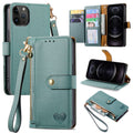 For iPhone 12 / 12 Pro Love Zipper Lanyard Leather Phone Case