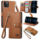 For iPhone 12 Pro Max Love Zipper Lanyard Leather Phone Case