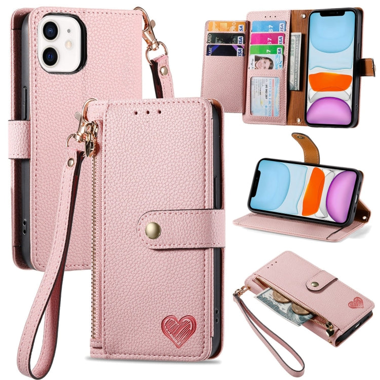 For iPhone 11 Love Zipper Lanyard Leather Phone Case