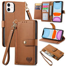 For iPhone 11 Love Zipper Lanyard Leather Phone Case