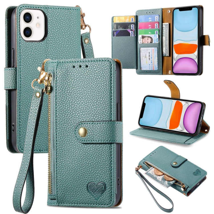 For iPhone 11 Love Zipper Lanyard Leather Phone Case