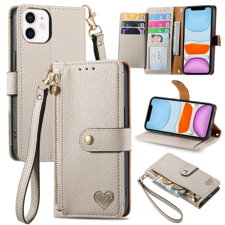 For iPhone 11 Love Zipper Lanyard Leather Phone Case