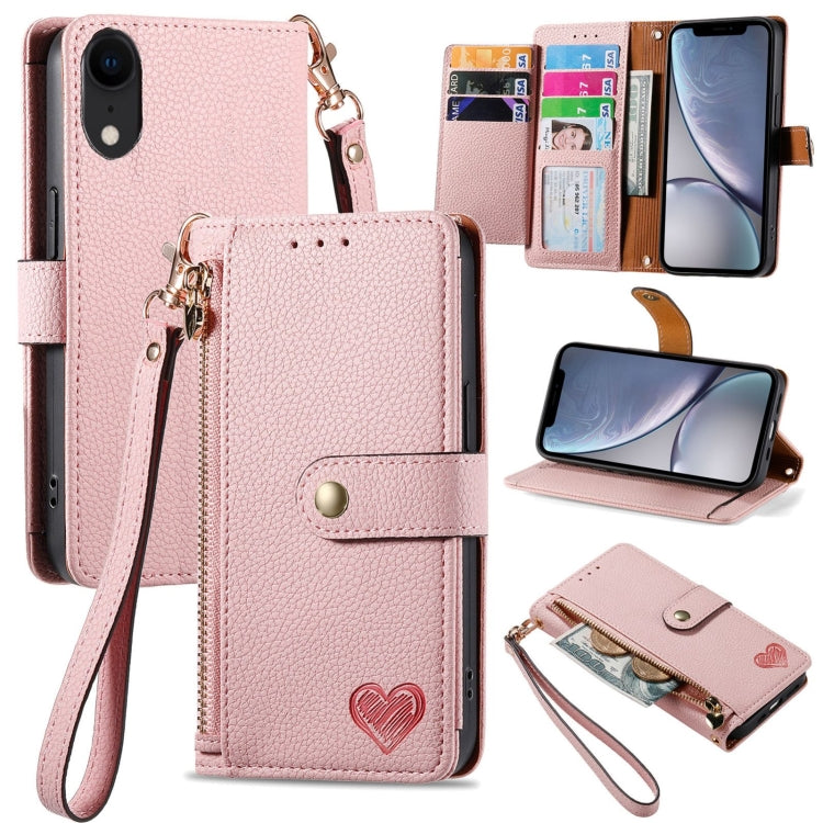 For iPhone 11 Love Zipper Lanyard Leather Phone Case