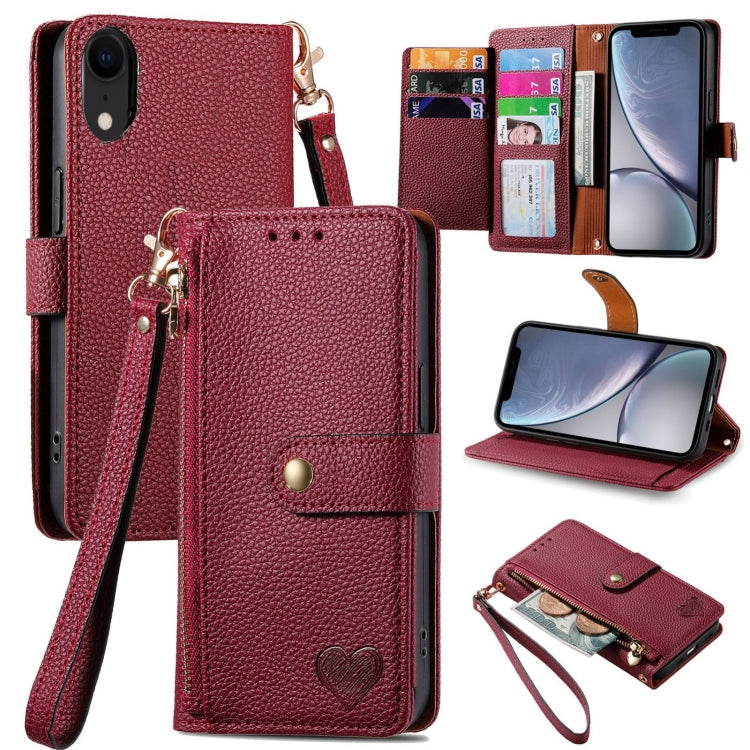 For iPhone 11 Love Zipper Lanyard Leather Phone Case