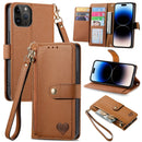 For iPhone 16 Pro Love Zipper Lanyard Leather Phone Case