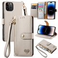 For iPhone 15 Pro Love Zipper Lanyard Leather Phone Case